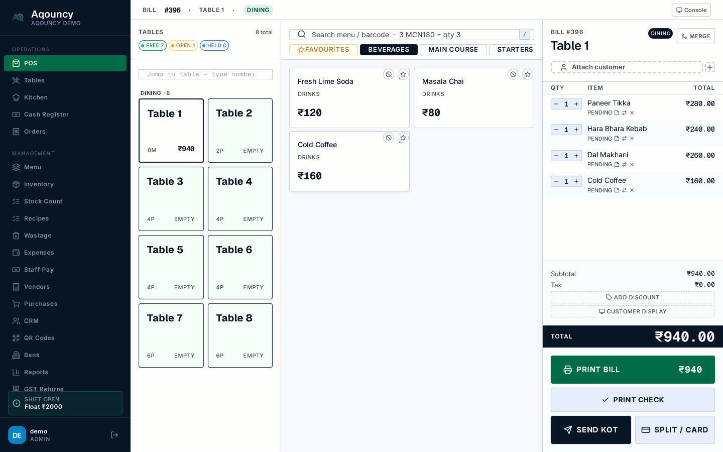 Aqouncy POS terminal showing tables, menu and a running bill of ₹940