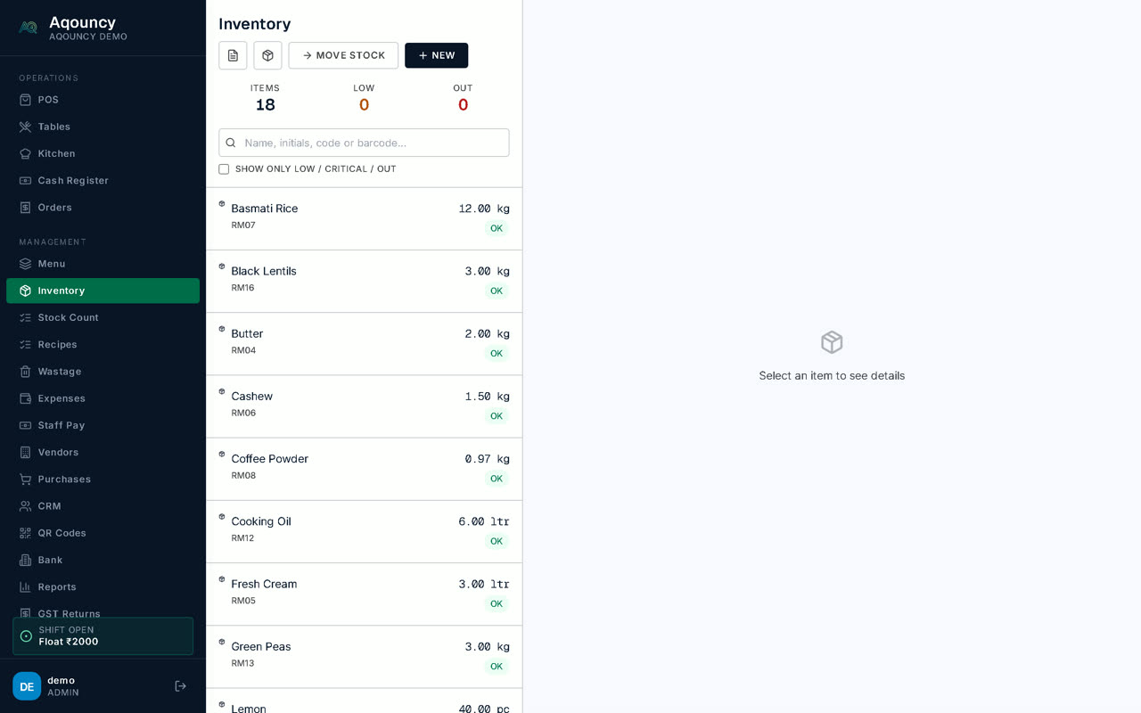 Aqouncy inventory screen listing raw materials with stock levels